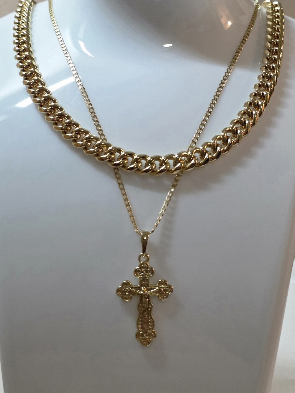 Jesus Solid Cross Pendant Layered Chunky Cuban 20" & 24" Necklace Set